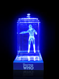 Matt Smith of Doctor Who laser-engraved in a crystal TARDIS replica on an LED-lit base