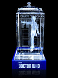 Peter Capaldi of Doctor Who laser-engraved in a crystal TARDIS replica on an LED-lit base