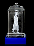 Jodie Whittaker of Doctor Who laser-engraved in a crystal TARDIS replica on an LED-lit base