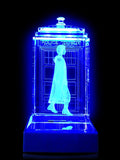 Jodie Whittaker of Doctor Who laser-engraved in a crystal TARDIS replica on an LED-lit base