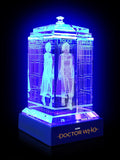 Jodie Whittaker of Doctor Who laser-engraved in a crystal TARDIS replica on an LED-lit base